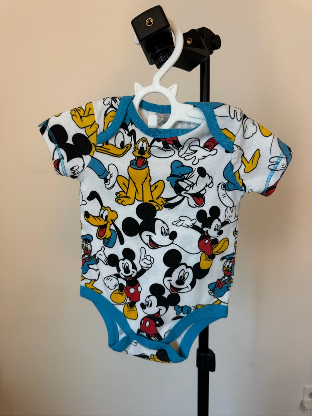 DISNEY Mickey Mouse Print Blue-Trim Baby One-Piece